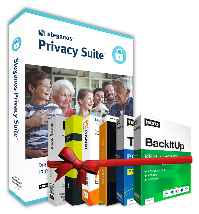 Steganos Privacy Suite plus 6 up-to-date and high-quality full versions for free: Abelssoft Easy PDF + Incomedia WebAnimator Plus + Laplink PCmover Express + 3D Chess Premium + Nero TuneItUp + Nero BackItUp